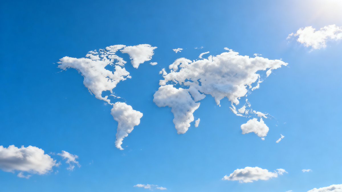 A photorealistic image of a cloud in the sky, uniquely shaped like all the continents of the wor 3
