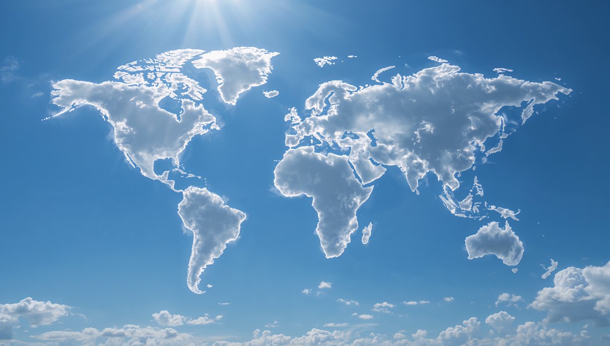 A photorealistic image of a cloud in the sky, uniquely shaped like all the continents of the wor 4