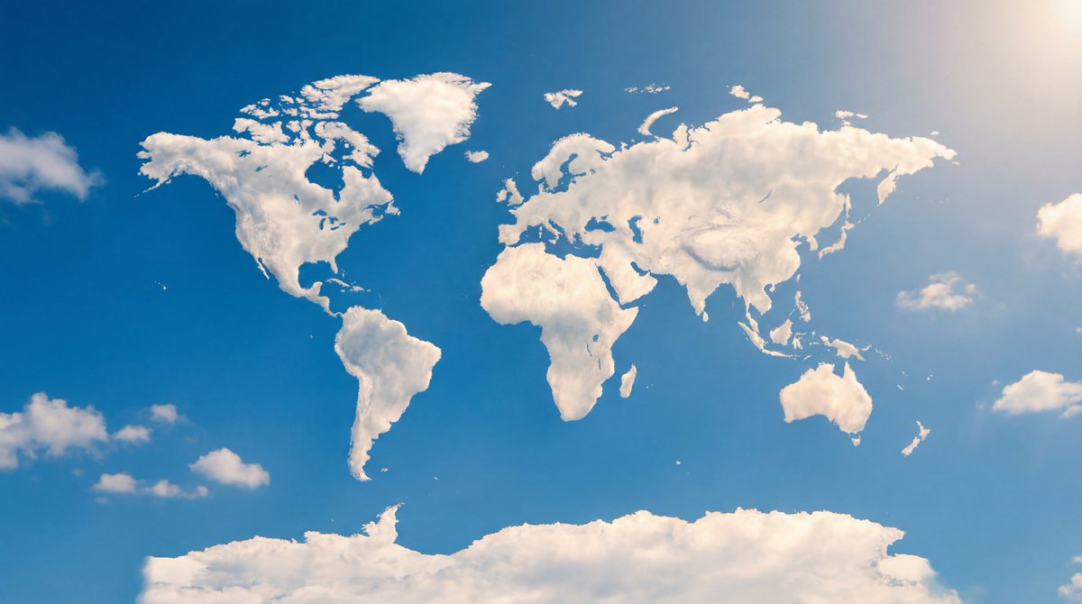 A photorealistic image of a cloud in the sky, uniquely shaped like all the continents of the wor