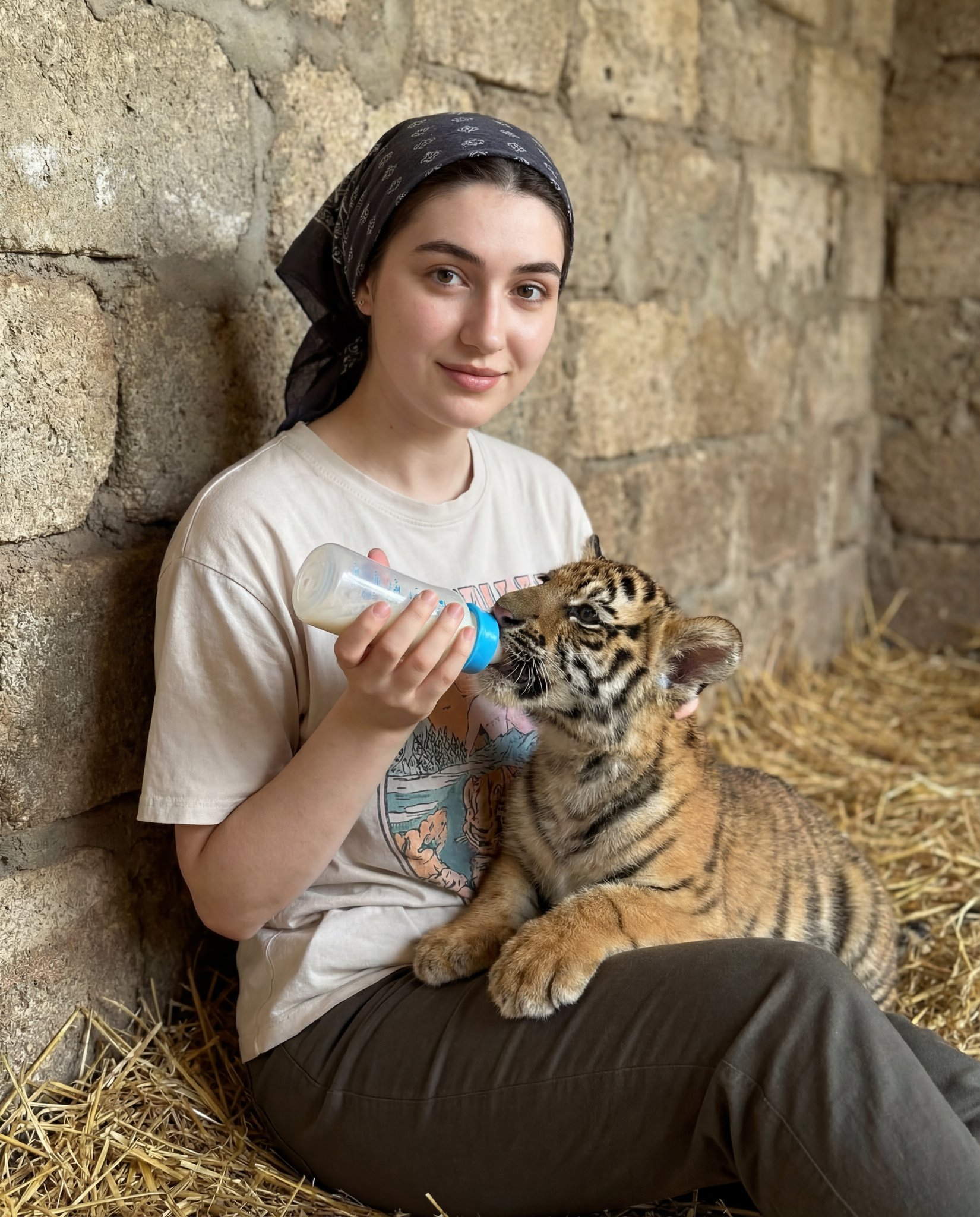 { "scene_type": "lifestyle portrait with animal interaction", "composition": { "framing": "mediu