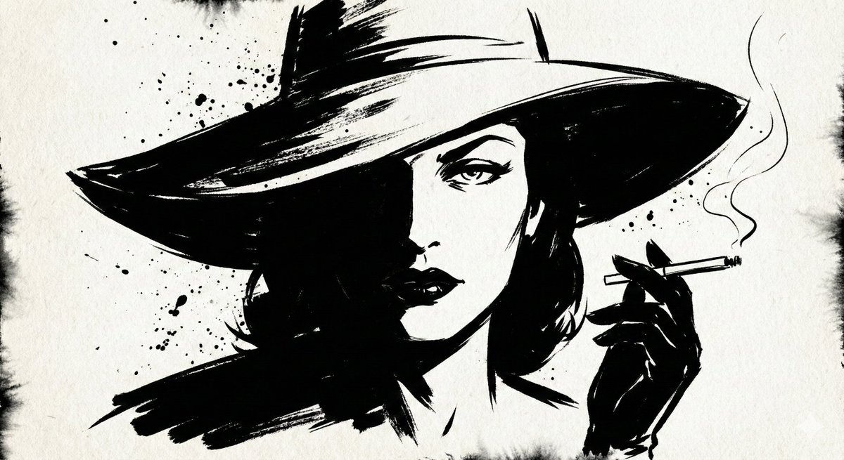 A high-contrast ink noir portrait of [SUBJECT], illustrated entirely with expressive black ink s