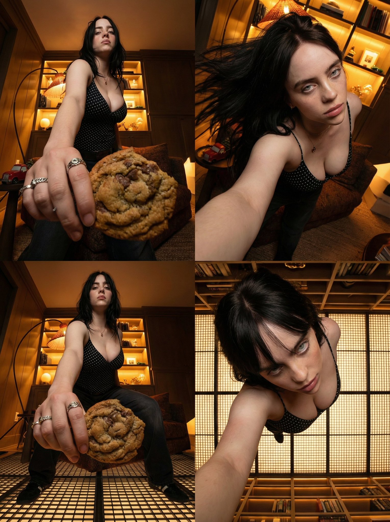 Create a 2x2 cinematic grid featuring the same characters and scene, must be all the frame with 