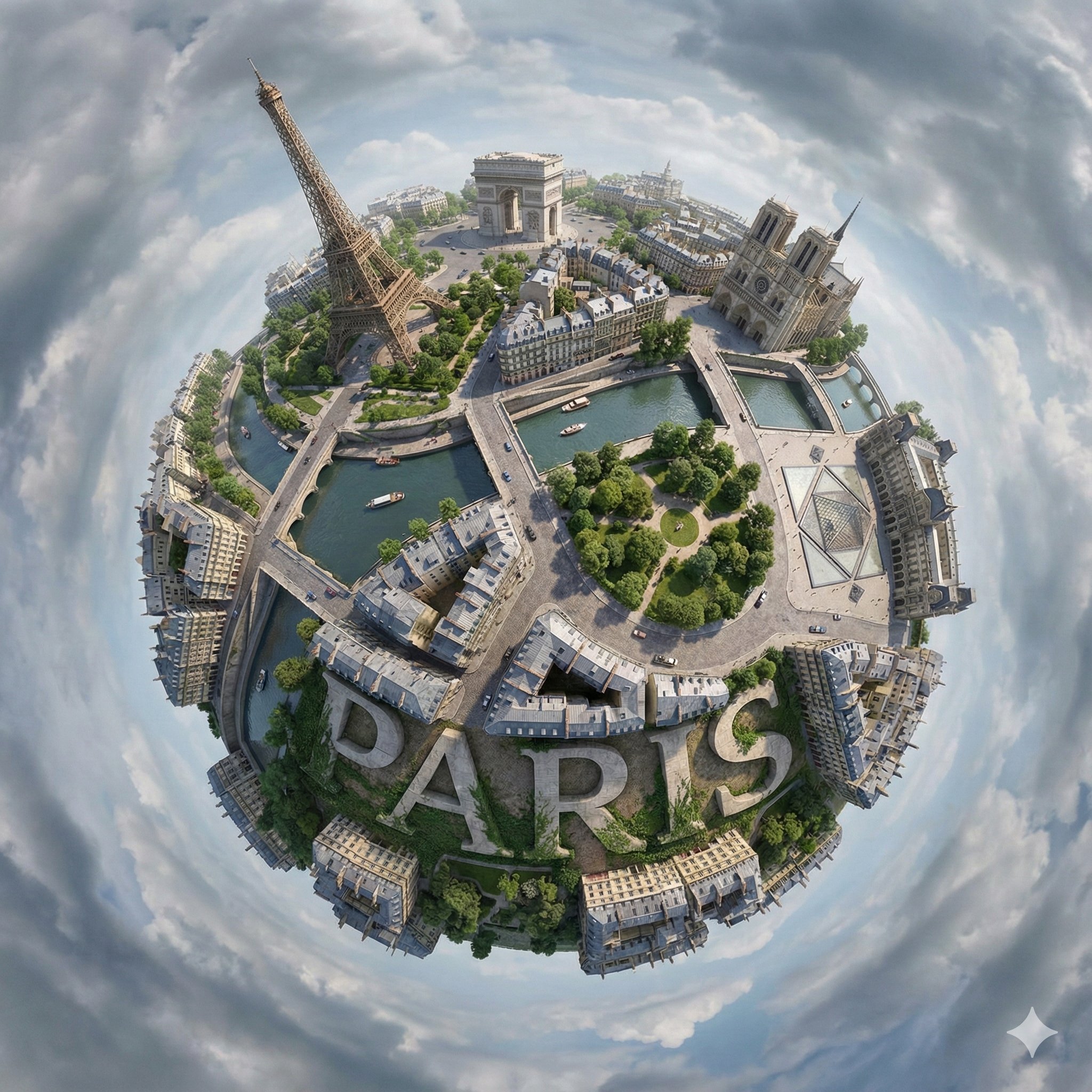 Create a hyperrealistic, surreal spherical panorama of [CITY NAME], with its most iconic landmar 2