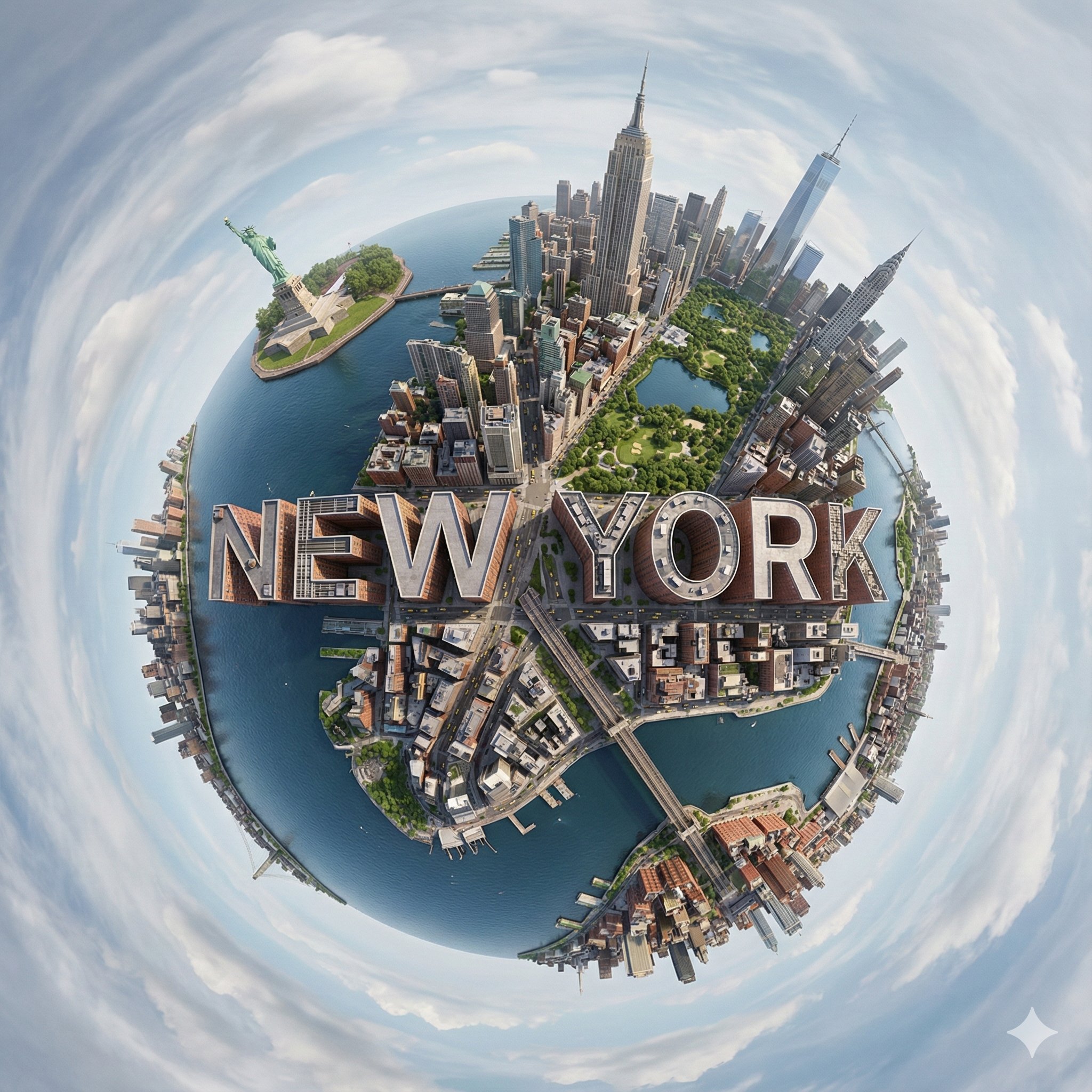 Create a hyperrealistic, surreal spherical panorama of [CITY NAME], with its most iconic landmar 3