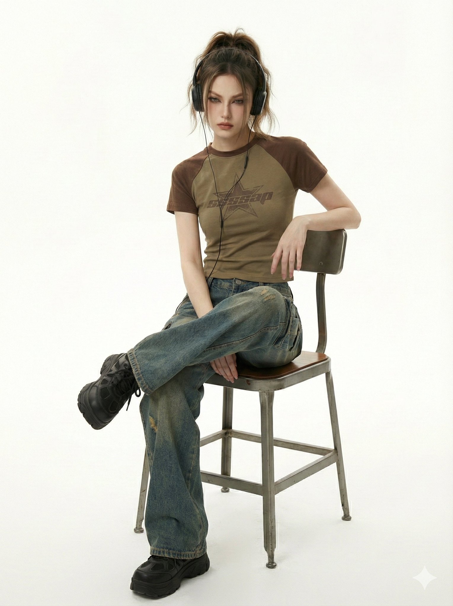 She kneels in a pristine white studio, shot from a low mid angle with a slight upward tilt that 