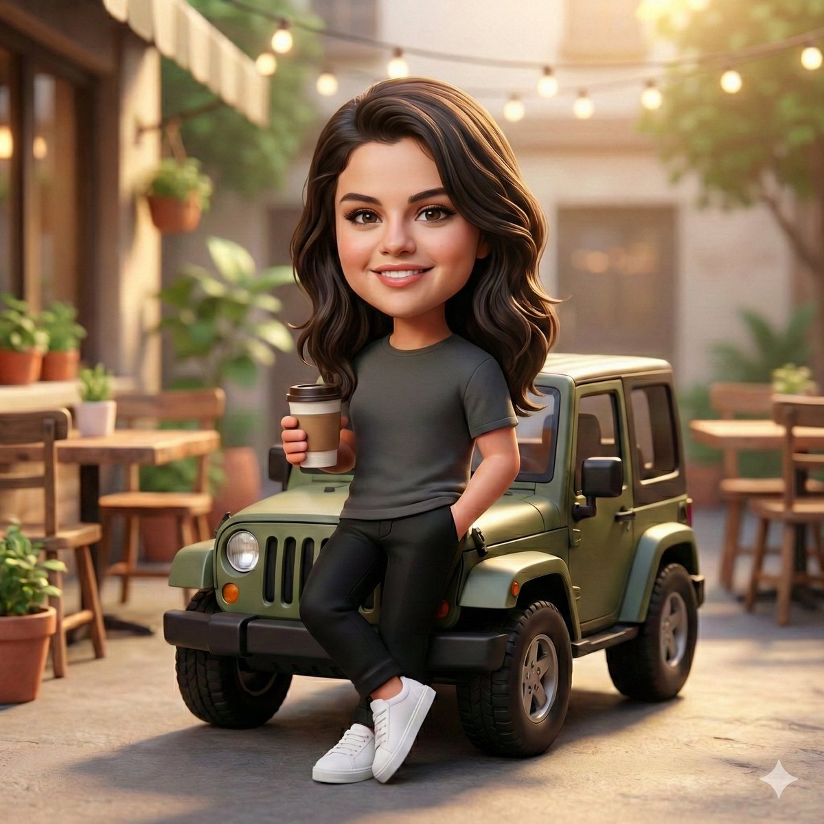 A cute 3D chibi-style character leaning against a parked mini chibi Jeep, wearing a clean monoch 2