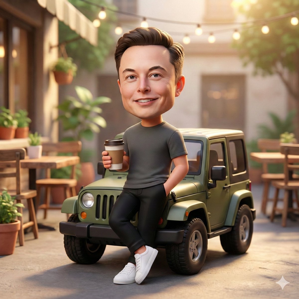 A cute 3D chibi-style character leaning against a parked mini chibi Jeep, wearing a clean monoch 3