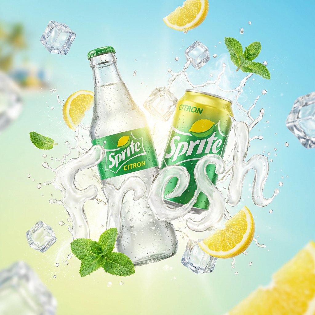A vibrant, high-end advertising visual of a [PRODUCT NAME] can/bottle floating dynamically in th