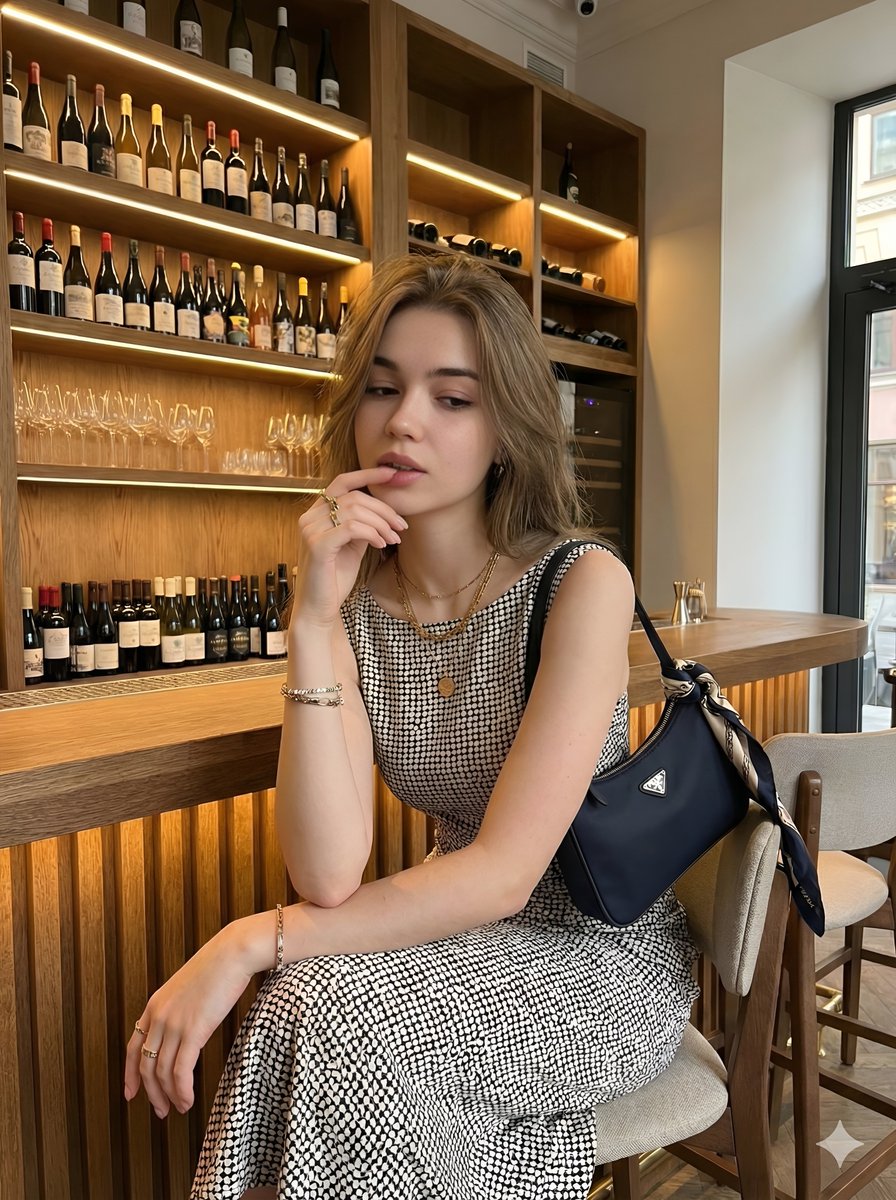 Young beautiful woman with long wavy hair, elegant sleeveless polka dot midi dress black and whi
