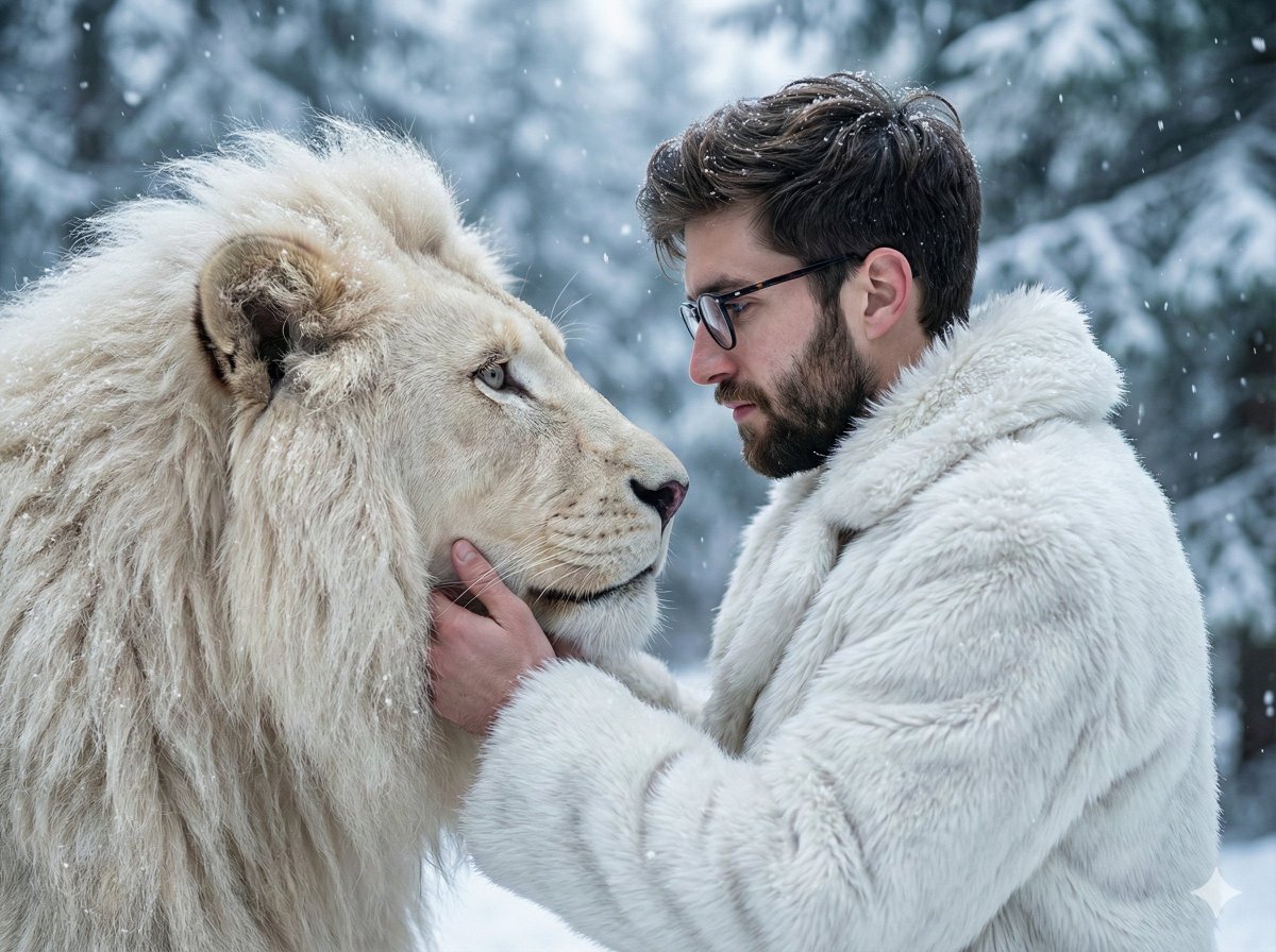 A cinematic ultra-realistic portrait of a man standing face-to-face with a majestic white lion i 2