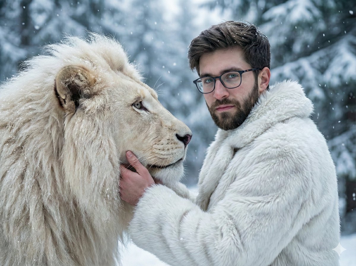 A cinematic ultra-realistic portrait of a man standing face-to-face with a majestic white lion i