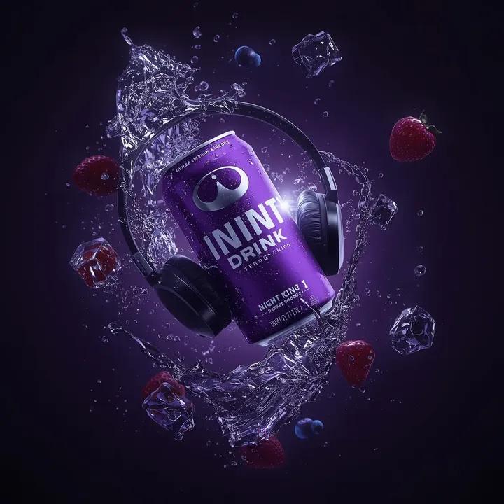 Ultra-cinematic product photography of a purple energy drink can labeled “INFINITY ENERGY DRINK  2