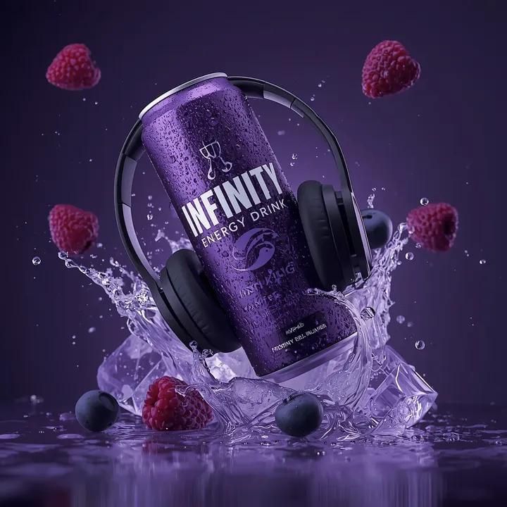 Ultra-cinematic product photography of a purple energy drink can labeled “INFINITY ENERGY DRINK  3
