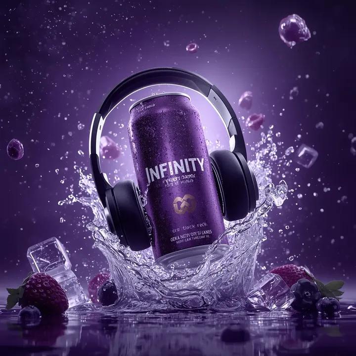 Ultra-cinematic product photography of a purple energy drink can labeled “INFINITY ENERGY DRINK  4