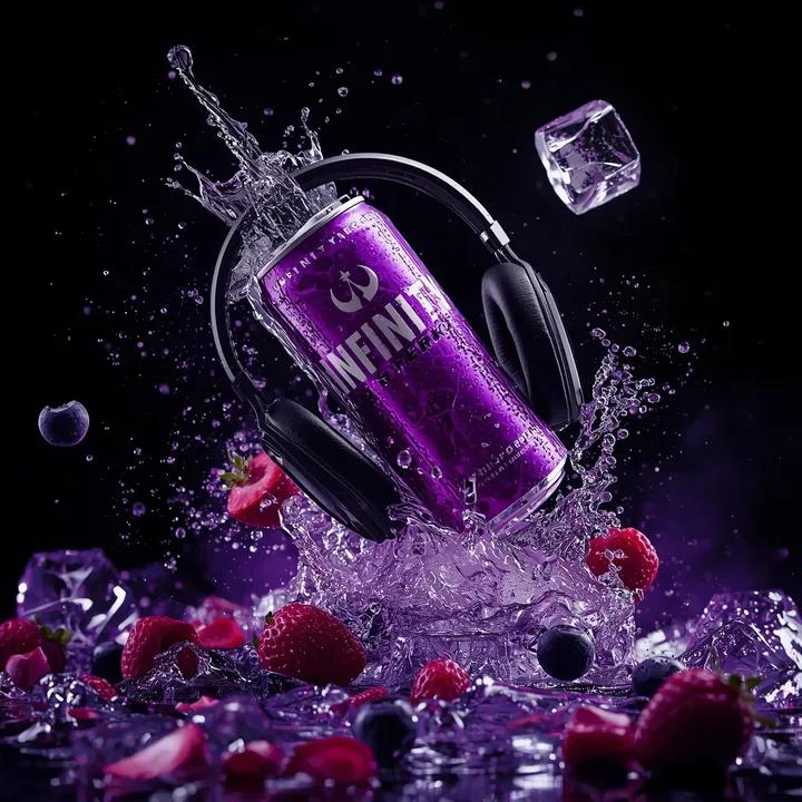 Ultra-cinematic product photography of a purple energy drink can labeled “INFINITY ENERGY DRINK 