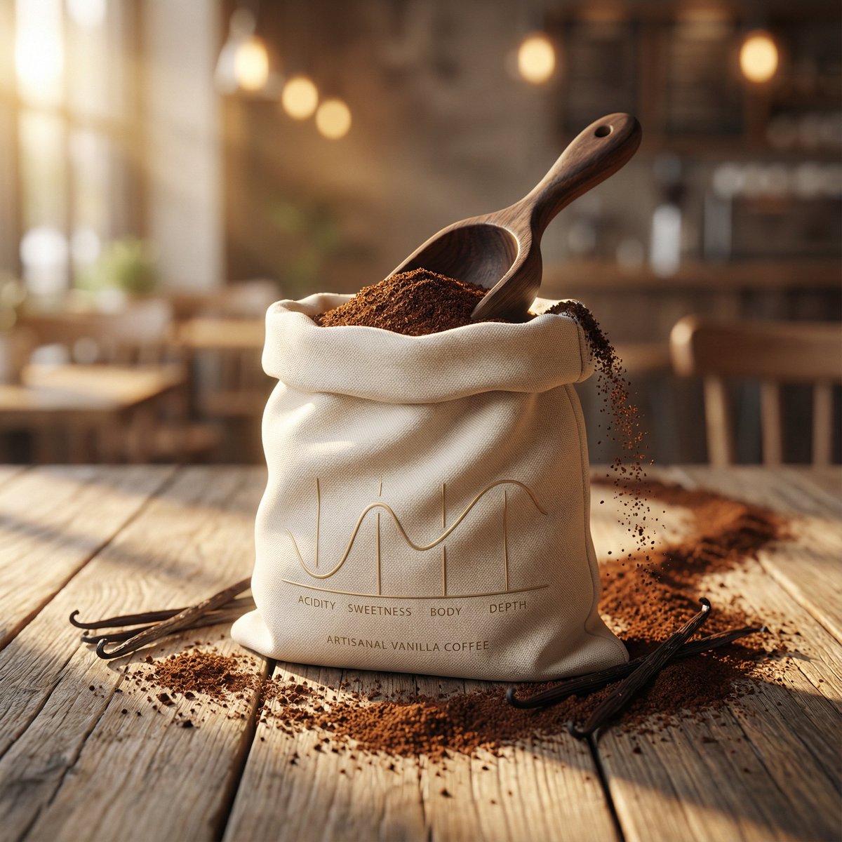 Luxury product photography of artisanal vanilla ground coffee packaged in a soft sculpted ivory 