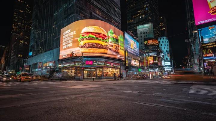Ultra-realistic cinematic night cityscape inspired by Times Square, New York. A wide-angle stree