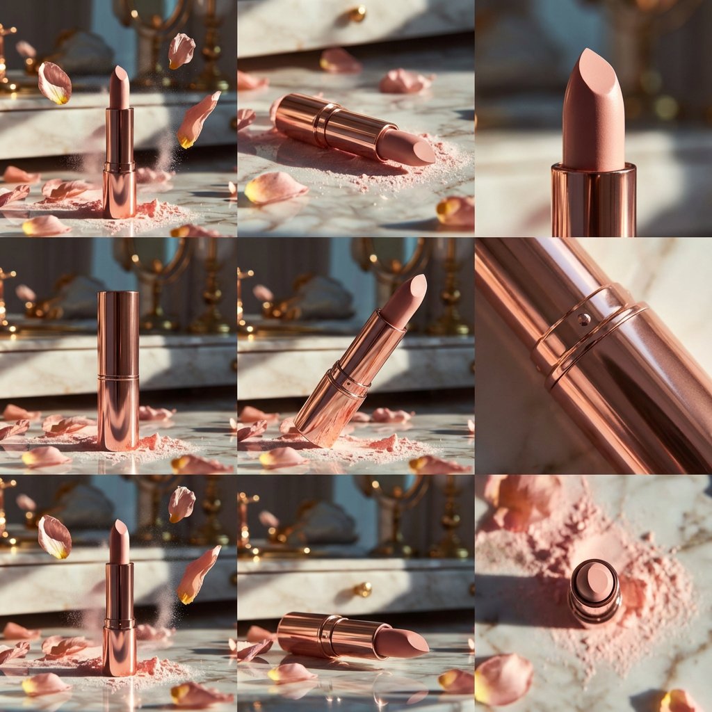 Elegant rose-gold lipstick standing upright on a reflective marble surface, surrounded by flying