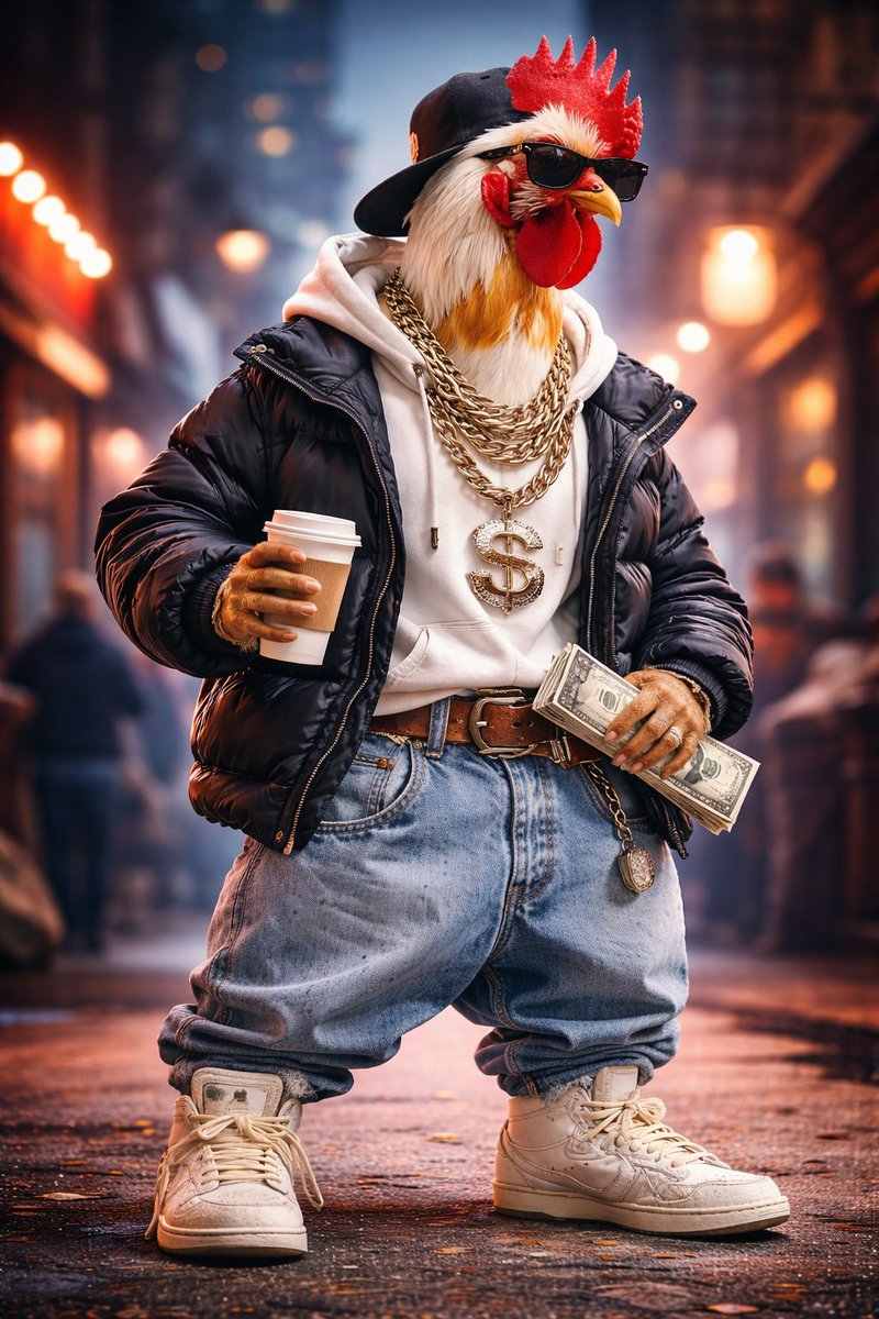 Ultra-realistic studio portrait of an anthropomorphic rooster styled like a street skater. A con 2