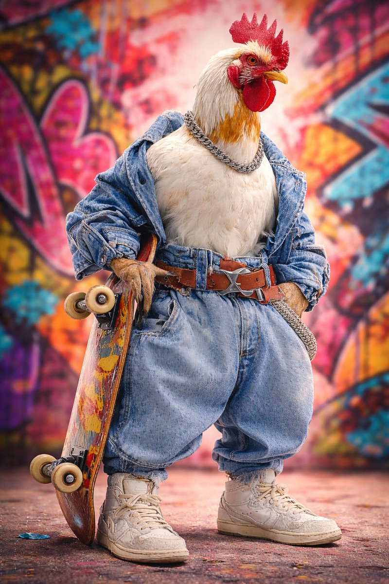 Ultra-realistic studio portrait of an anthropomorphic rooster styled like a street skater. A con
