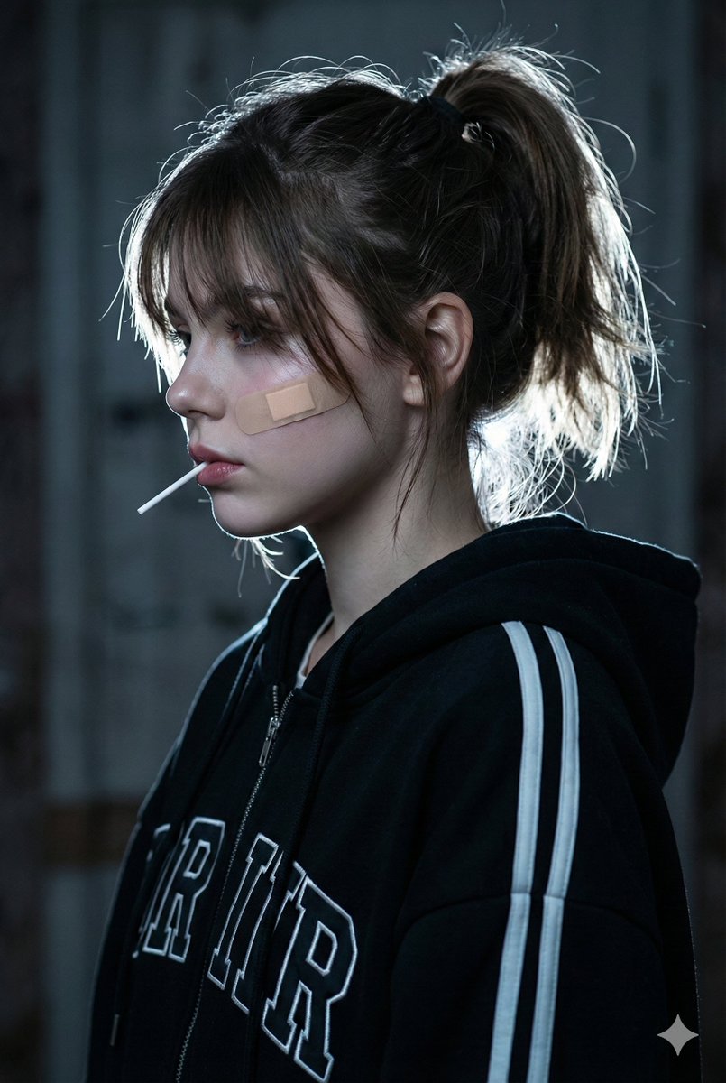 ​A cinematic close-up side profile portrait of a young woman with a rebellious, melancholic vibe