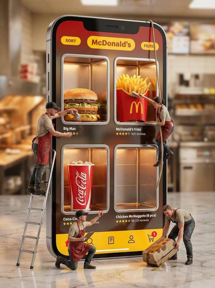 Ultra-realistic creative advertising scene showing a giant smartphone displaying a McDonald’s fo