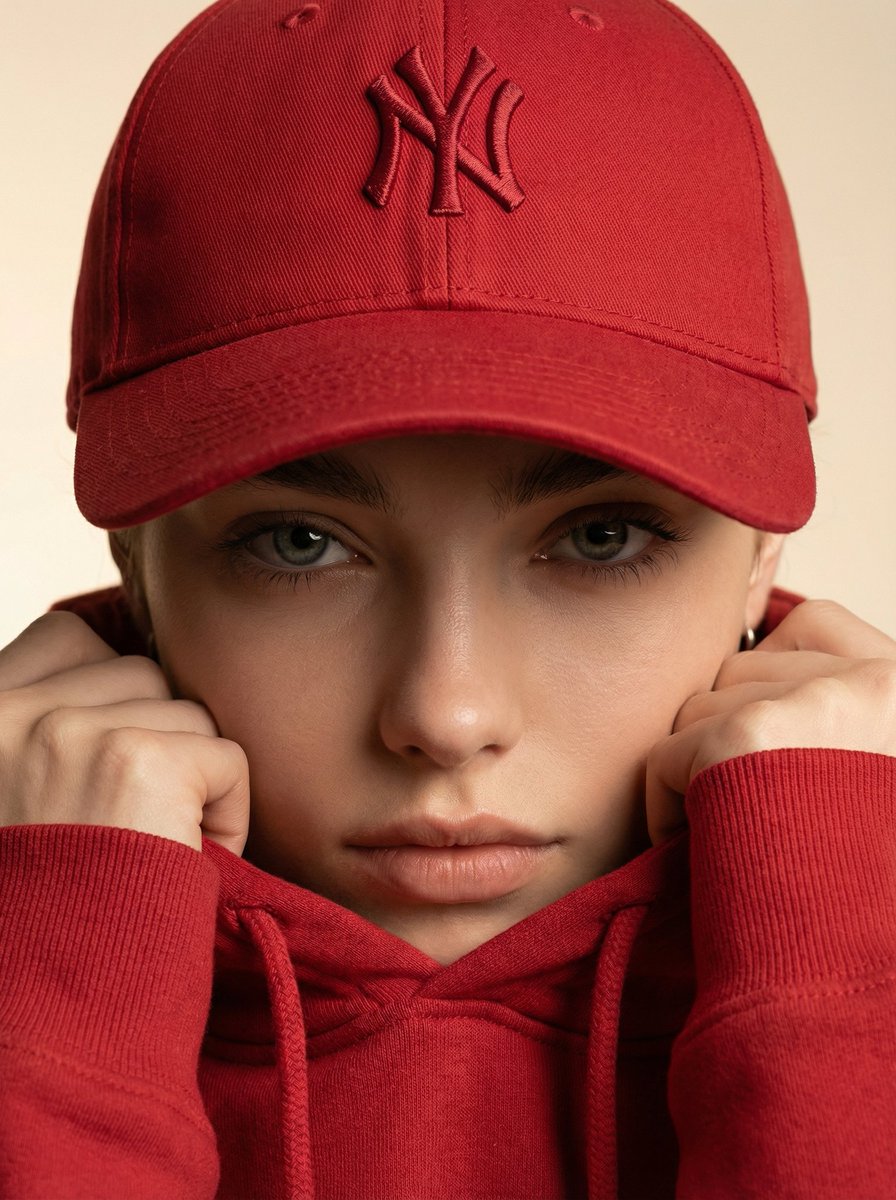 Ultra-realistic fashion beauty crop of a female model wearing the reference red baseball cap and