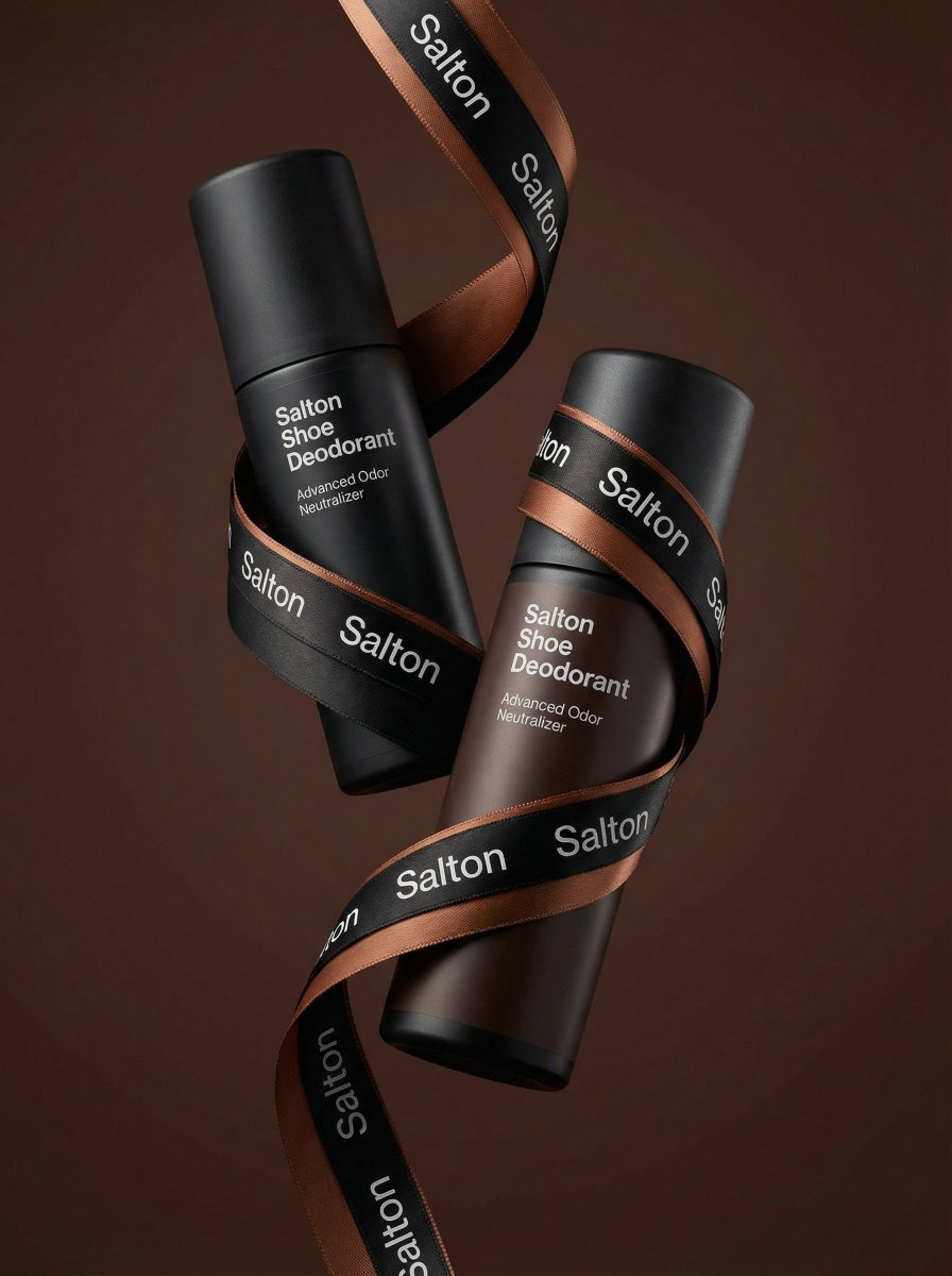 A product photo in a premium advertising style. Two tall matte bottles of Salton Shoe Deodorant 