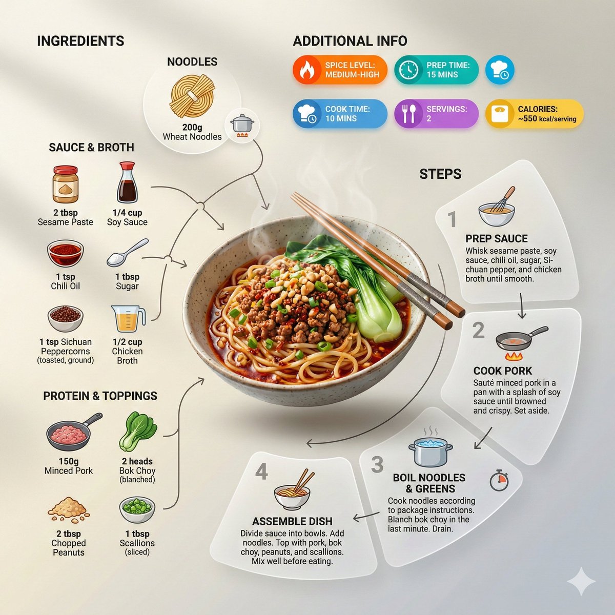 Ultra-clean modern recipe infographic. Showcase Noodles in a visually appealing finished form—sl