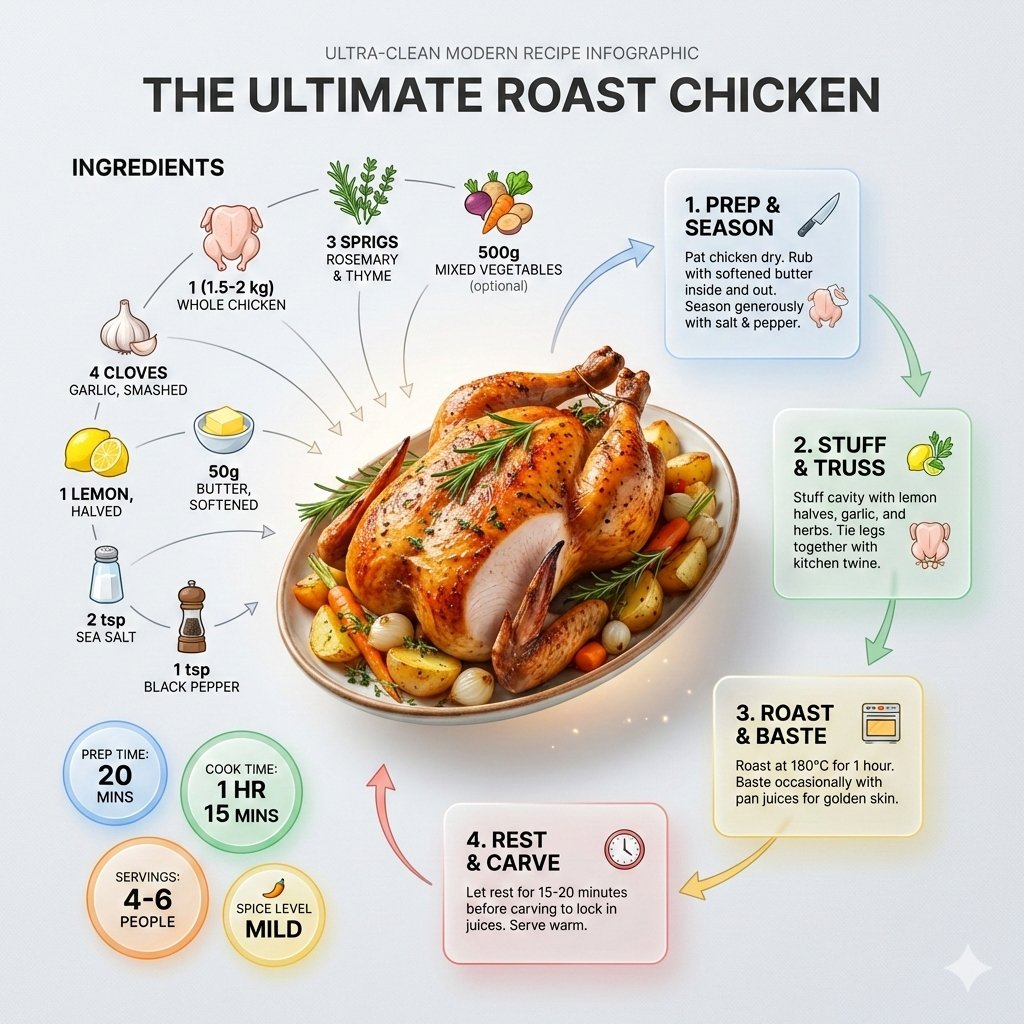 Ultra-clean modern recipe infographic. Showcase Roast chicken in a visually appealing finished f