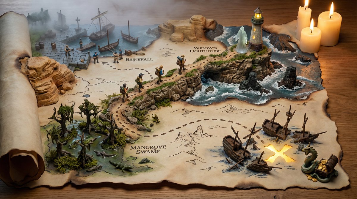 A hand-drawn treasure map on aged parchment, with the adventure erupting into three-dimensional  2