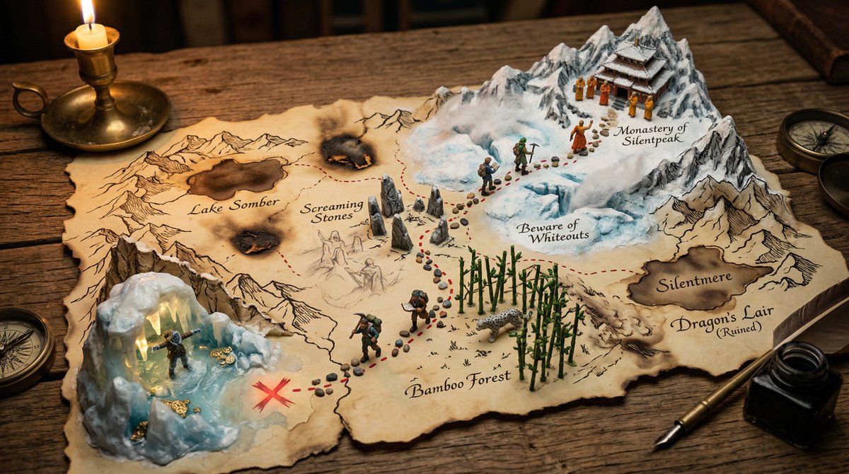 A hand-drawn treasure map on aged parchment, with the adventure erupting into three-dimensional  3