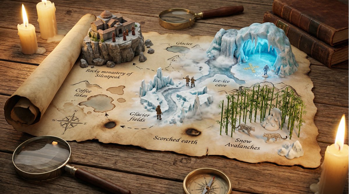 A hand-drawn treasure map on aged parchment, with the adventure erupting into three-dimensional  4