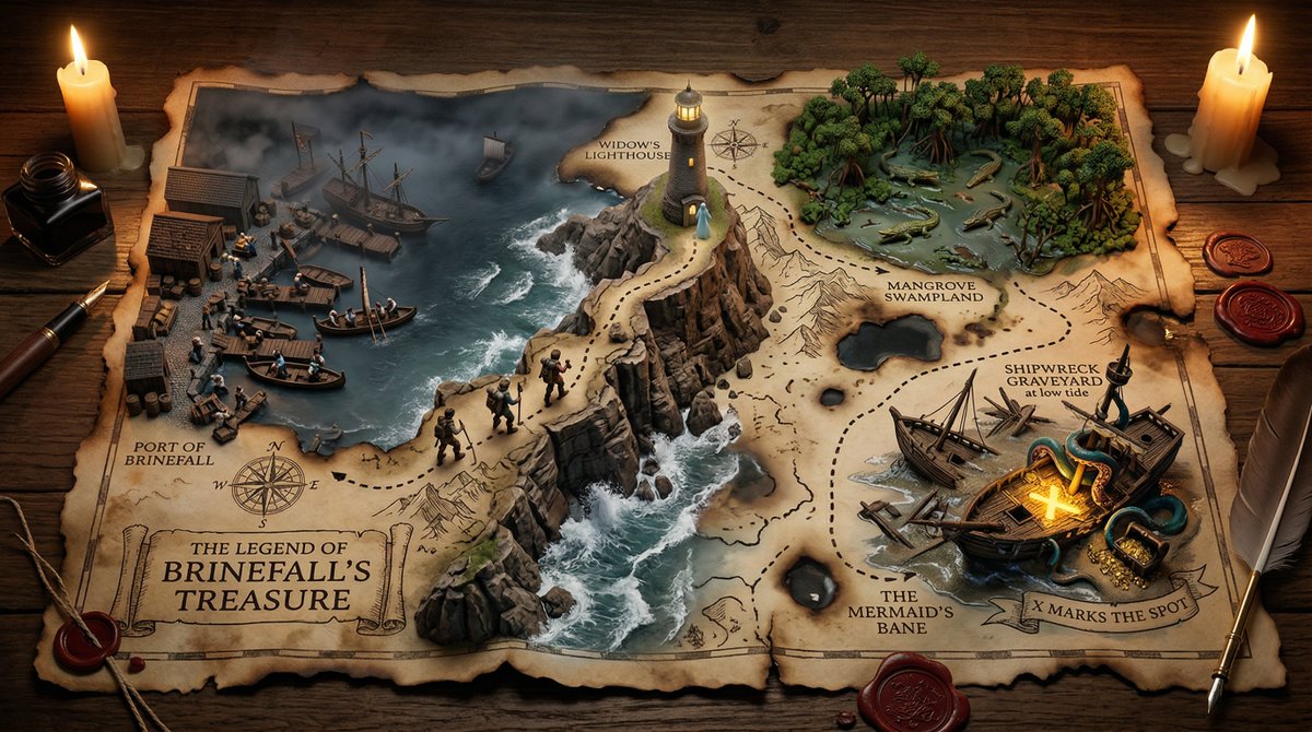 A hand-drawn treasure map on aged parchment, with the adventure erupting into three-dimensional 