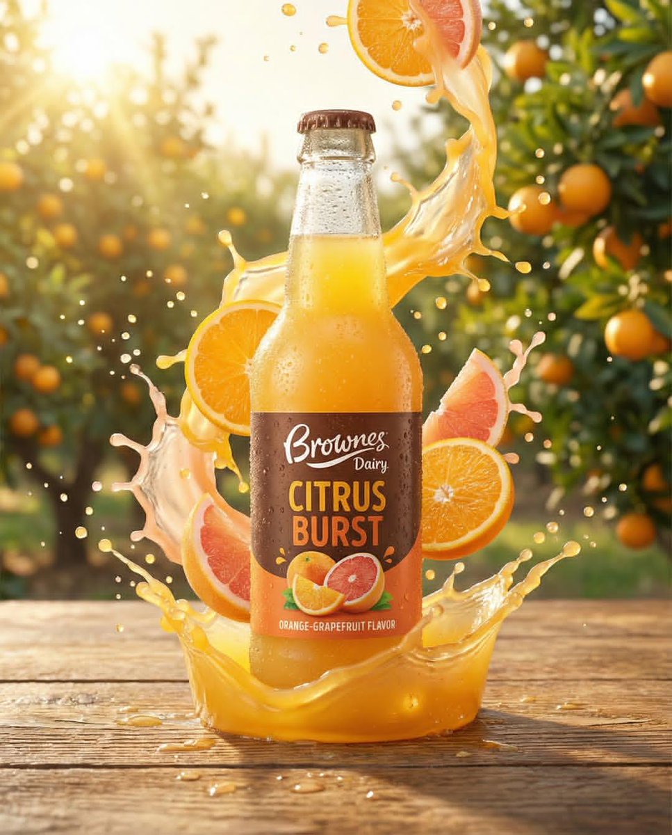Ultra-realistic product ad of a premium fruit drink bottle, dynamic liquid splash frozen mid-air 4