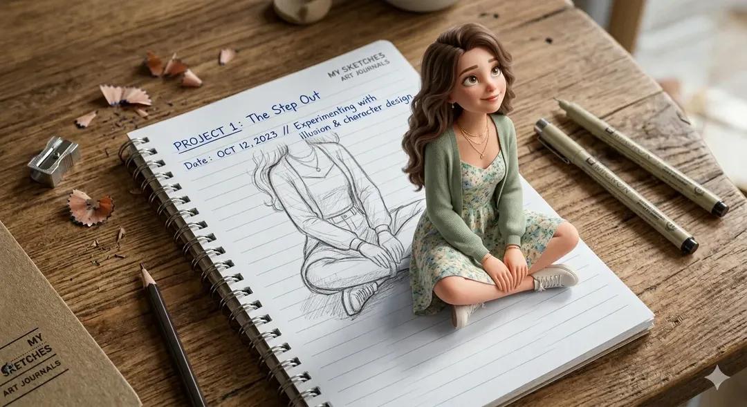 A creative 3D illusion artwork of a cute young girl stepping out of a spiral notebook page place 2
