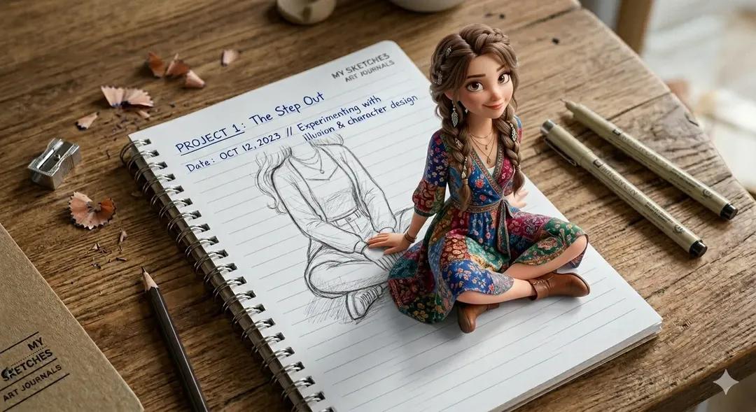 A creative 3D illusion artwork of a cute young girl stepping out of a spiral notebook page place 3