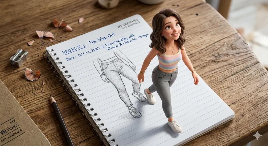A creative 3D illusion artwork of a cute young girl stepping out of a spiral notebook page place 4