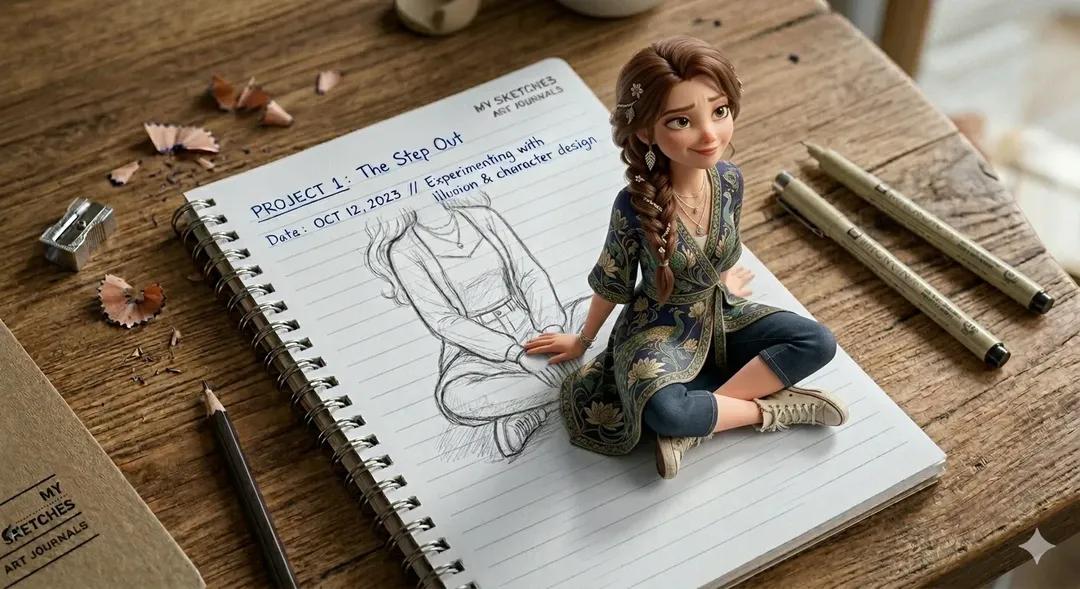 A creative 3D illusion artwork of a cute young girl stepping out of a spiral notebook page place