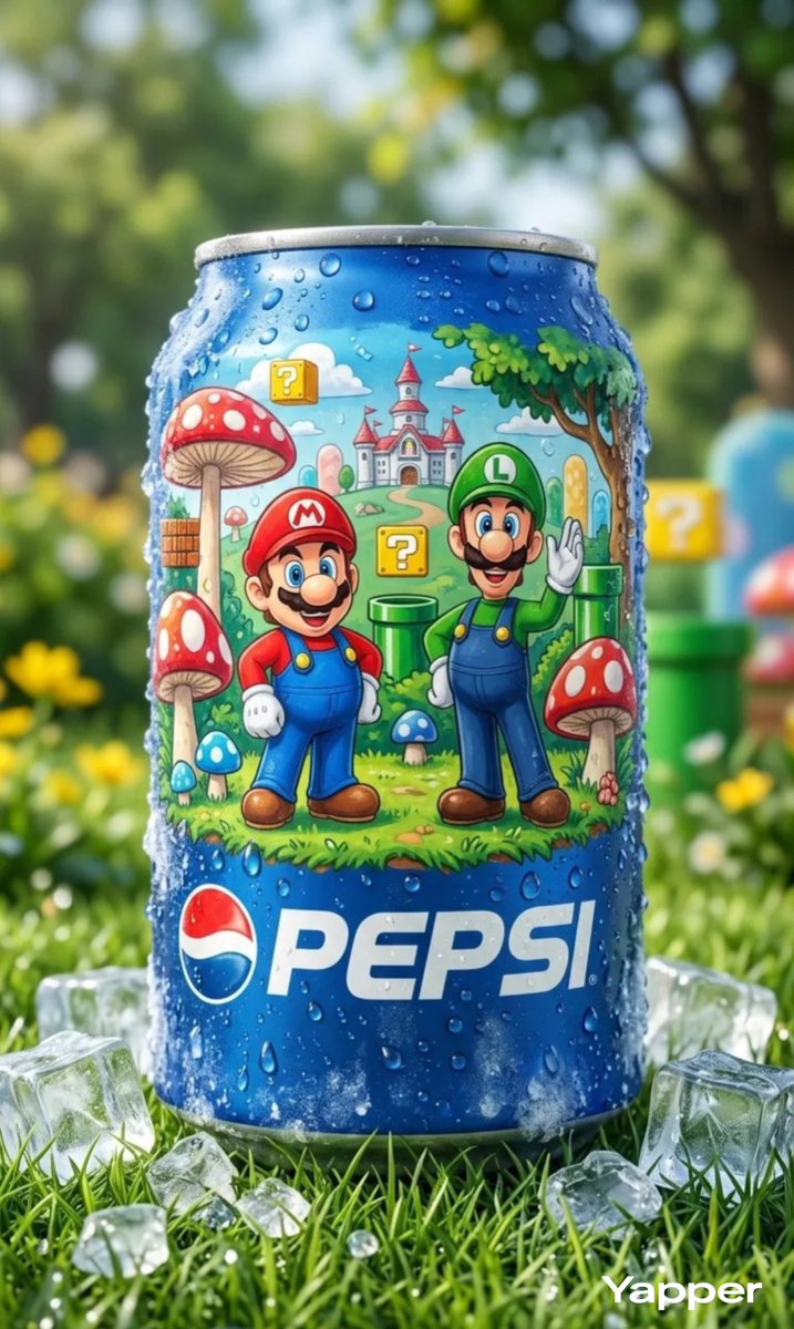 Ultra-realistic product photography of a chilled blue Pepsi can placed upright on fresh green gr