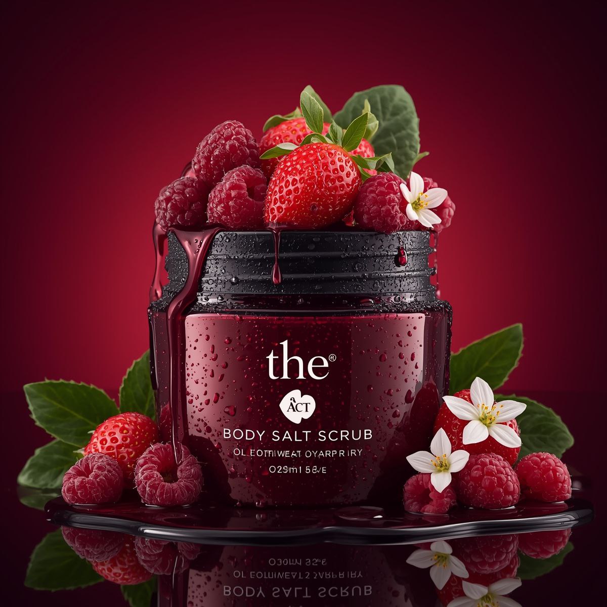 Use the uploaded image as the exact visual reference for jar design, label, strawberries, raspbe