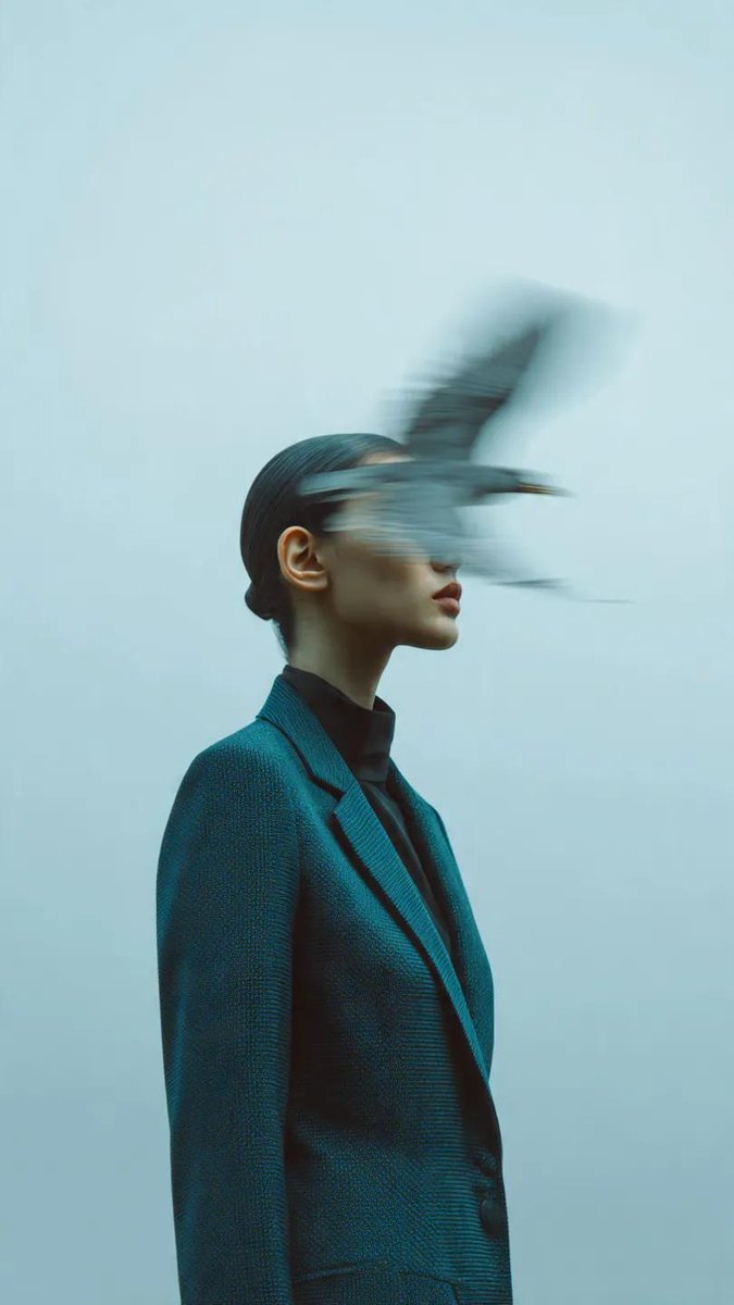 Editorial photography, a woman wearing a structured deep teal blazer standing against a pale blu 3