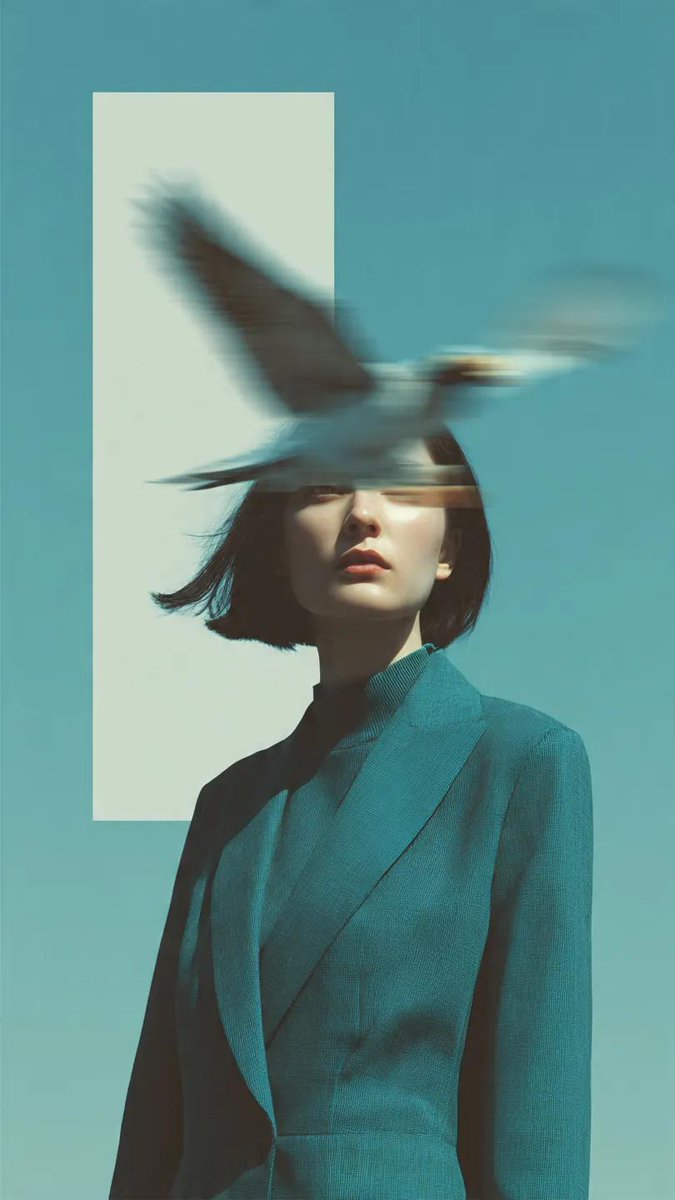 Editorial photography, a woman wearing a structured deep teal blazer standing against a pale blu 4