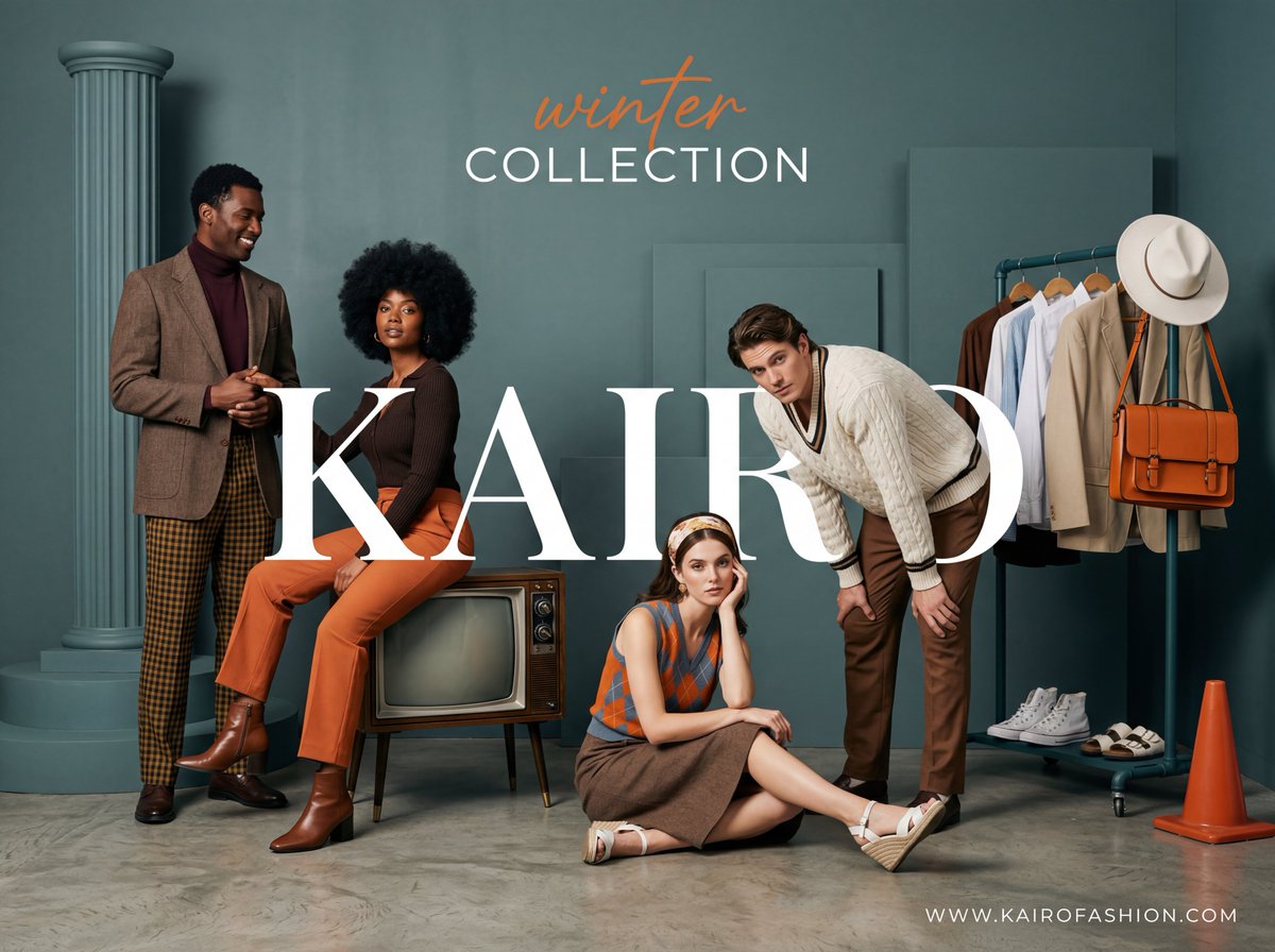 A wide-angle, studio fashion advertisement with a sophisticated retro-modern aesthetic. The scen