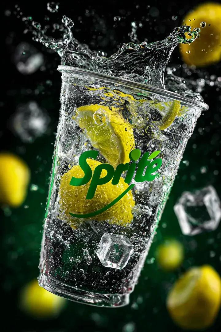 A transparent cup filled with fresh Sprite lemon soda floating in the air, surrounded by sparkli