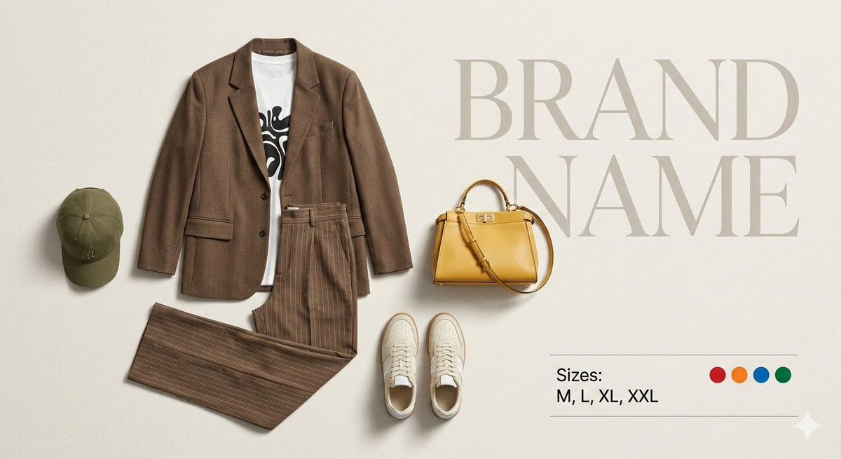 Create a premium fashion catalog flat lay on a clean soft beige studio background.