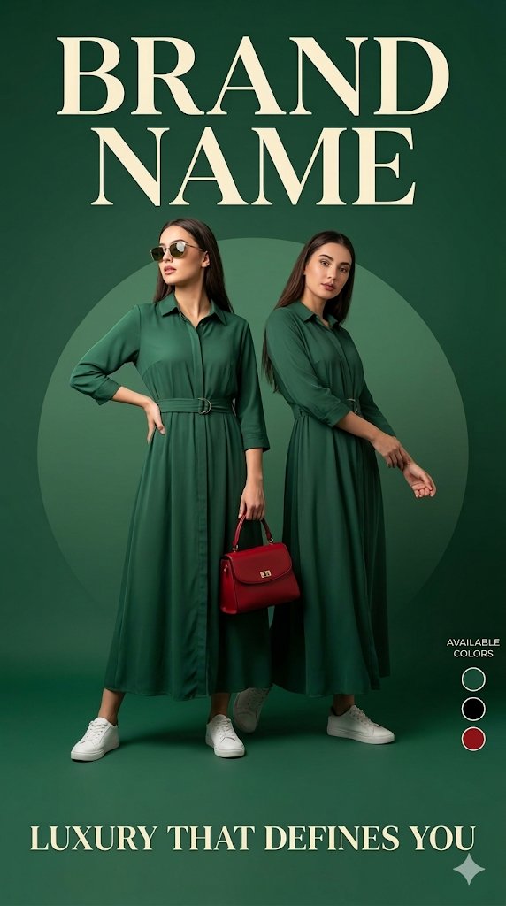 Luxury fashion advertisement poster, deep green background with a soft circular gradient behind 