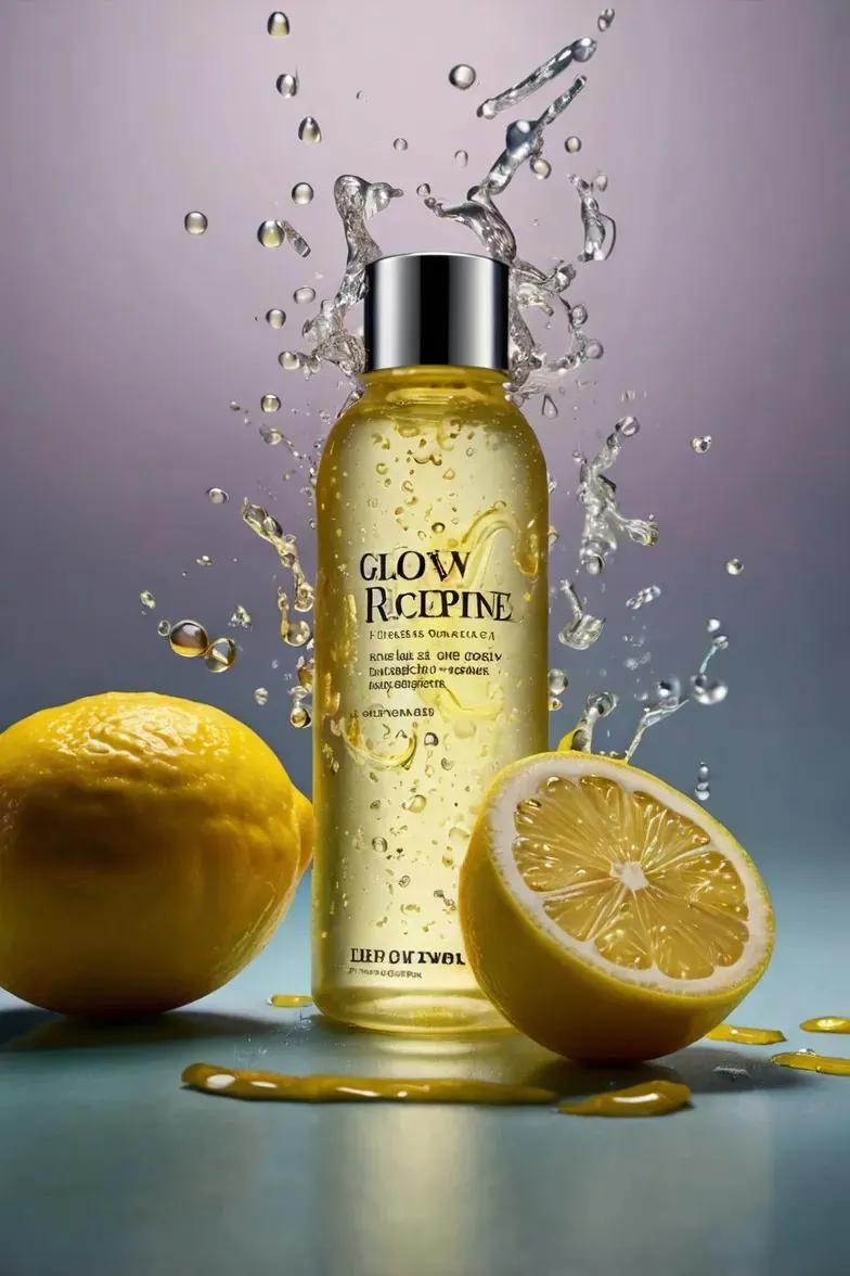 Ultra-realistic skincare advertising photography featuring a frosted citrus glass bottle labeled 2