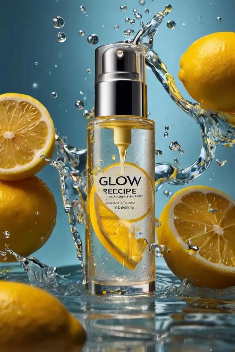 Ultra-realistic skincare advertising photography featuring a frosted citrus glass bottle labeled