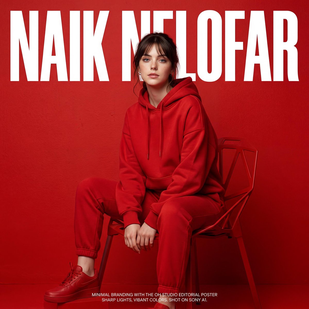 Studio fashion editorial poster of a young woman (use photo uploaded as a reference for the face